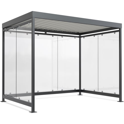 Moderner Raucherunterstand Modell Köln K3 b/b mit Glaswänden und grauem Metallrahmen