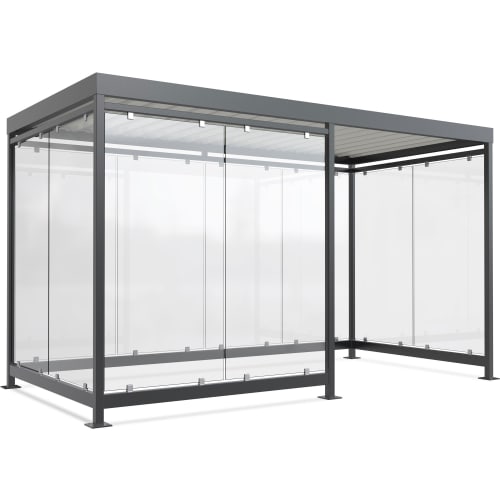 Moderne Wartehalle Modell Köln K4 mit Glaswänden und grauem Metallrahmen