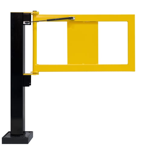 Geländertür mit Gasdruckfeder in gelber Farbe für Rammschutzgeländer WACHTWERK X® Hybrid mit schwarzem Pfosten