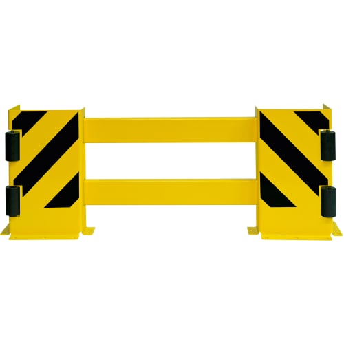 Gelbe Regalschutzplanke WACHTWERK X mit schwarzen Warnstreifen, Anfahrschutzwinkeln und Leitrollen