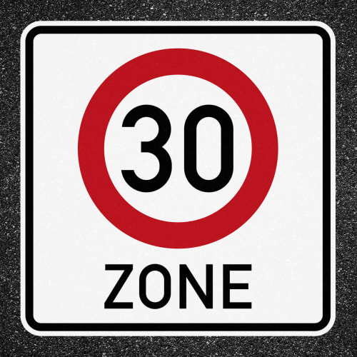 Verkehrszeichen Beginn der Zone 30 mit rotem Kreis und schwarzer Schrift auf weißem Hintergrund