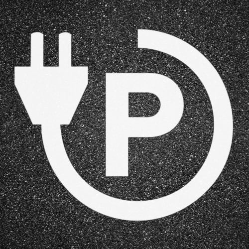 Thermoplastische Fahrbahnmarkierung PROline thermo Parkplatz für E-Fahrzeuge mit elektrischem Stecker-Symbol auf Asphalt