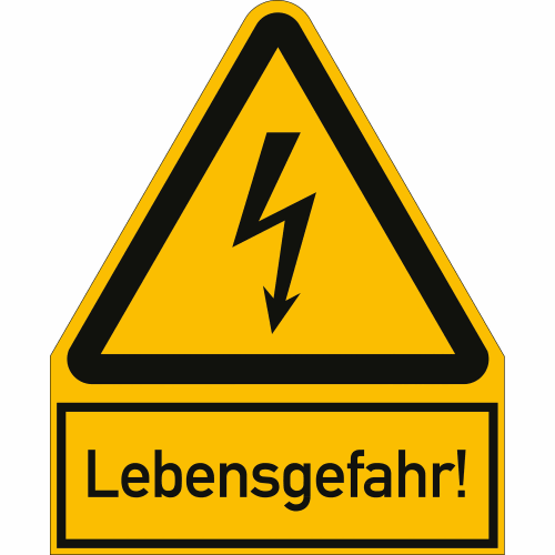 Warnschild Lebensgefahr mit Blitzsymbol auf gelbem Hintergrund