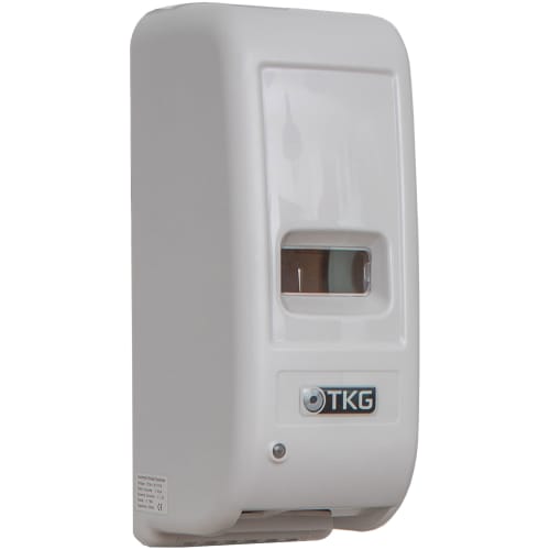 Weißer Sensorspender für Desinfektionsmittel Trixi mit Sichtfenster und TKG Logo