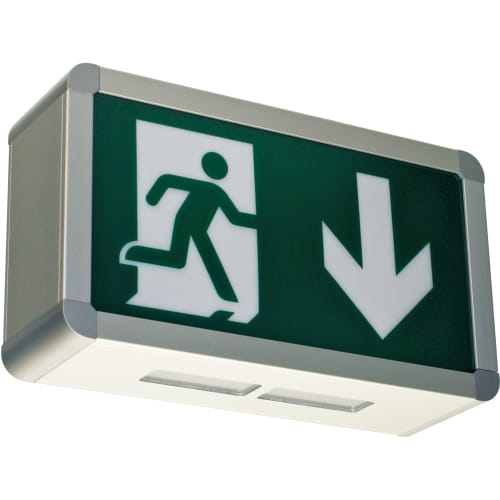 Rettungswegbeleuchtung BERLIN mit Universalaufbau und 7L-Schutzlicht, Notausgangsschild mit Pfeil nach unten