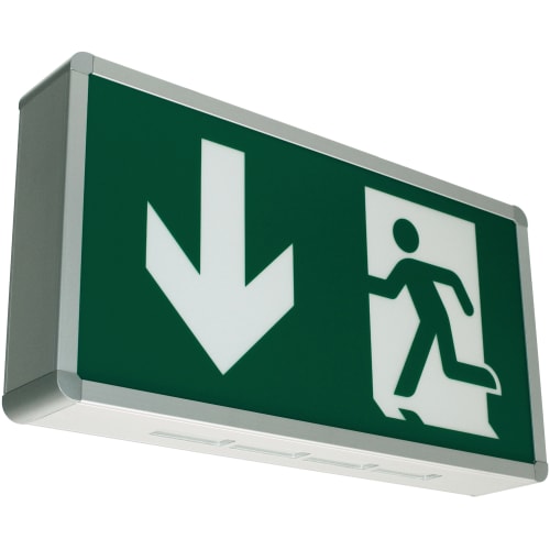 Rettungswegbeleuchtung BERLIN Maxi XL mit abgerundeten Ecken und Universalaufbau, 7L-Schutzlicht, grünes Notausgangsschild mit Pfeil nach unten