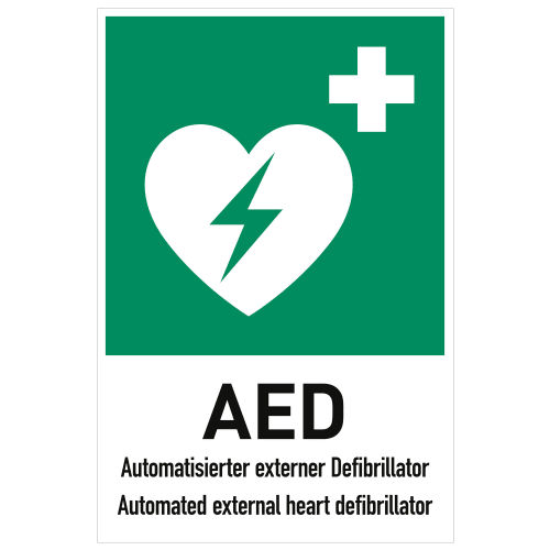 Kombischild Automatisierter externer Defibrillator AED mit Herzsymbol und Blitz, deutsch und englisch