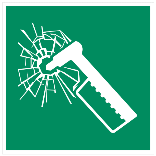 Nothammer Symbol nach DIN EN ISO 7010 E025 mit zerbrochenem Glas