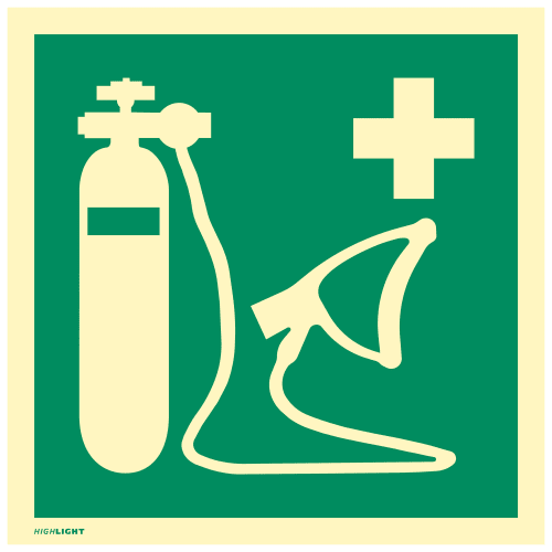 Wiederbelebungsgerät nach DIN EN ISO 7010 E028 mit Sauerstoffflasche und Beatmungsmaske auf grünem Hintergrund