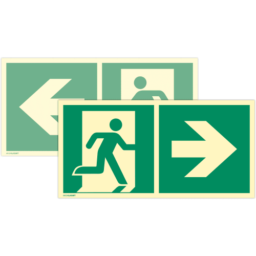 Kombischild Notausgang links und rechts, doppelseitig, mit Fluchtweg-Piktogrammen nach ISO 7010 E 001, ISO 3864 und ISO 16069