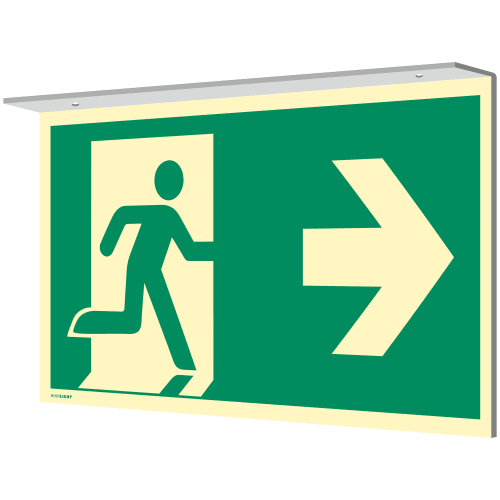 Fahnenschild Notausgang links rechts nach DIN EN ISO 7010 mit Richtungspfeil zur Deckenmontage