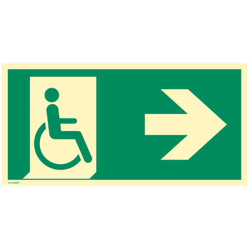 Notausgang für gehbeeinträchtigte Personen mit Pfeil nach rechts, grün und weißes Symbol nach DIN EN ISO 7010 E030
