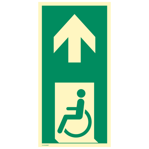 Notausgang für gehbeeinträchtigte Personen mit Pfeil nach oben, links, nach DIN EN ISO 7010 E026