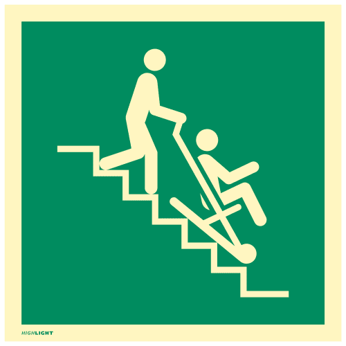 Rettungsstuhl Symbol nach DIN EN ISO 7010 E060, Person wird mit Rettungsstuhl eine Treppe hinuntergetragen