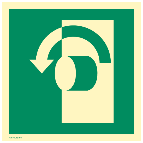 Sicherheitszeichen Öffnung durch Linksdrehung nach DIN EN ISO 7010 E018 mit grünem Hintergrund und weißem Türsymbol