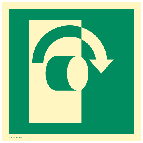 Sicherheitszeichen Öffnung durch Rechtsdrehung nach DIN EN ISO 7010 E019 mit grünem Hintergrund und weißem Symbol