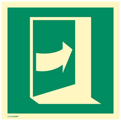 Sicherheitszeichen Tür öffnet durch Drücken auf der rechten Seite nach DIN EN ISO 7010 E023 mit grünem Hintergrund und weißem Pfeil