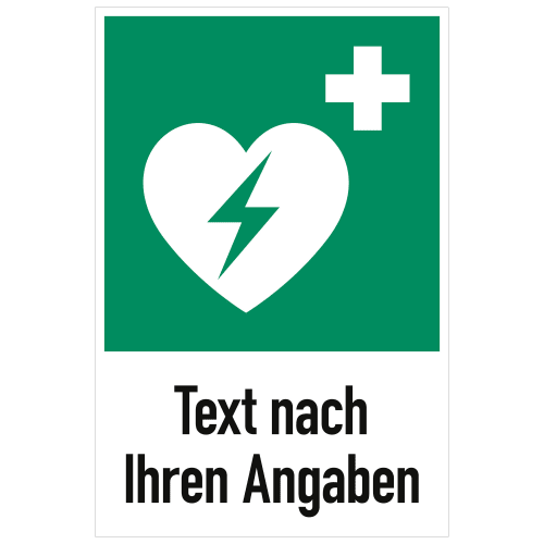 ISO 7010 Sicherheitszeichen für automatisierten externen Defibrillator mit Herzsymbol und Blitz, Text nach Ihren Angaben