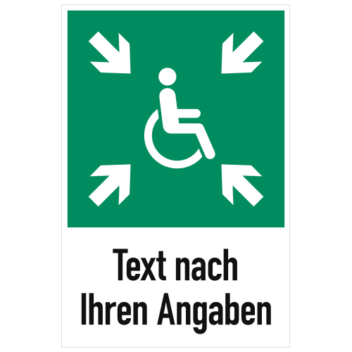 Vorläufige Evakuierungsstelle ISO 7010 Symbol mit Rollstuhlfahrer und Pfeilen nach innen, Text nach Ihren Angaben