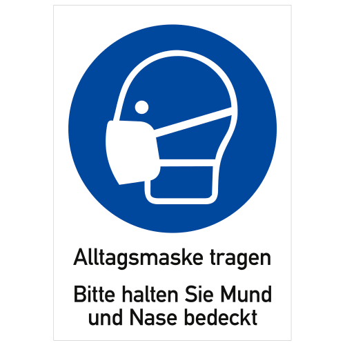 Kombischild Alltagsmaske tragen mit Symbol eines Kopfes mit Maske und Text Bitte halten Sie Mund und Nase bedeckt