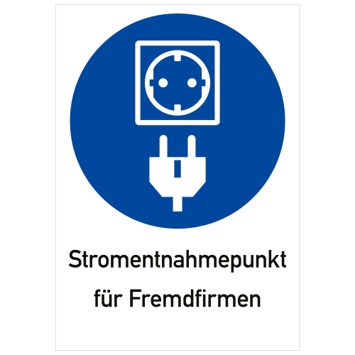 Kombischild Stromentnahmepunkt für Fremdfirmen mit Steckdose und Stecker Symbol auf blauem Kreis