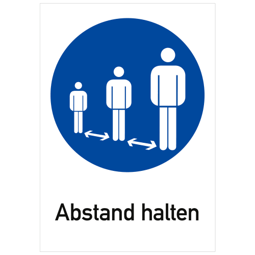 Kombischild Abstand halten mit Symbol von drei Personen und Pfeilen für Abstand in blauem Kreis