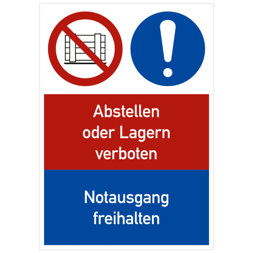 Kombischild Notausgang freihalten Abstellen oder Lagern verboten mit Symbolen und Text