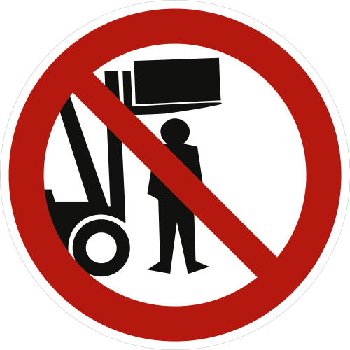 Verbotsszeichen Aufenthalt unter der Last verboten mit Gabelstapler und Personensymbol