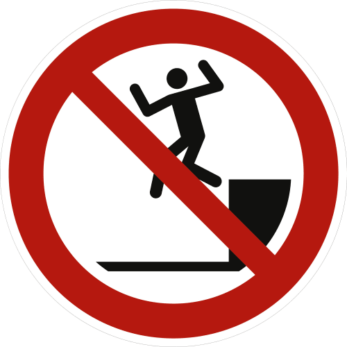 Verbotszeichen Herunterspringen verboten nach DIN EN ISO 7010 P029 mit rotem Kreis und durchgestrichenem Symbol einer Person, die von einer Kante springt