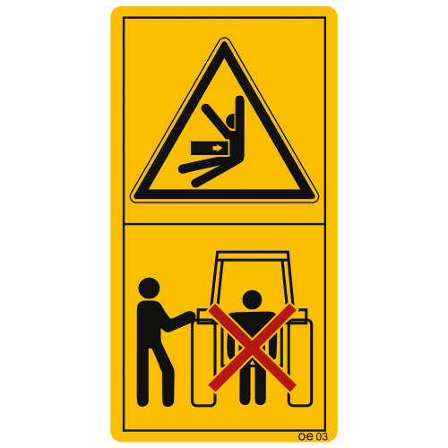 Warnschild Maschinenschild bei Betätigung des Krafthebers außerhalb des Hubbereichs der Dreipunktaufhängung, Aufenthalt links, Sicherheitswarnung mit Piktogrammen