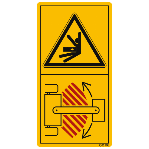 Warnschild Maschinenschild während des Betriebes nicht im Knickbereich aufhalten mit Piktogramm einer einknickenden Person und rot markiertem Gefahrenbereich