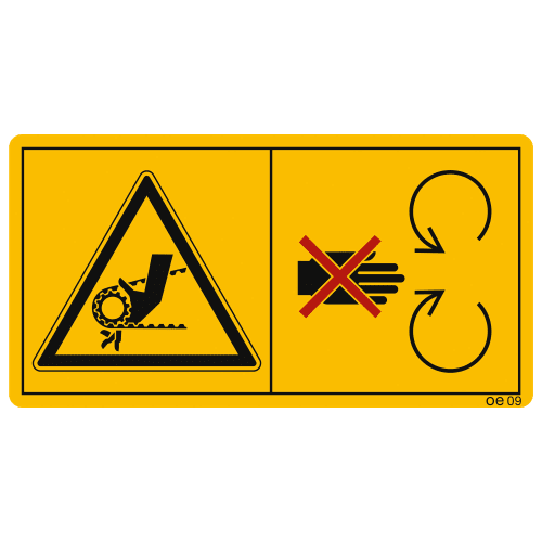 Maschinenschild Warnung vor Verletzungsgefahr durch laufenden Motor mit Schutzeinrichtungen nicht öffnen oder entfernen