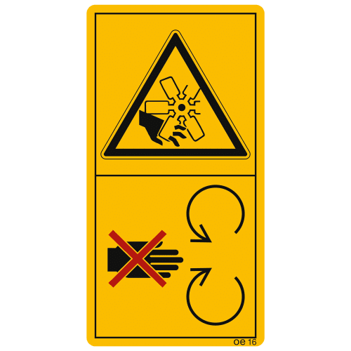 Warnschild Maschinenschild während des Betriebes Schutzeinrichtungen nicht öffnen oder entfernen mit Symbol Hand und rot durchgestrichen