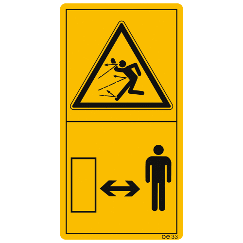 Warnschild Gefahr durch fortschleudernde Teile bei laufendem Motor mit Symbol und Sicherheitsabstand halten