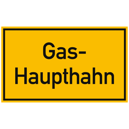 Gelbes Textschild mit schwarzem Rand und der Aufschrift Gas-Haupthahn
