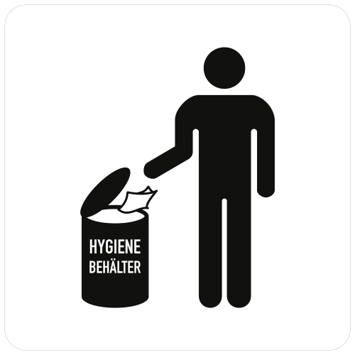 Piktogramm Hygienebehälter mit stilisierter Person, die Papier in einen Behälter wirft