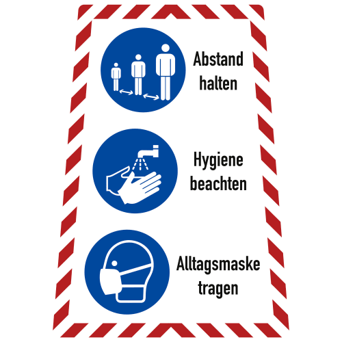 AHA-Regel Schild mit Symbolen für Abstand halten, Hygiene beachten und Alltagsmaske tragen