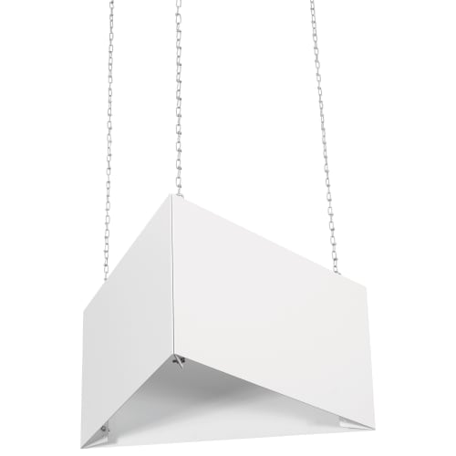 3-seitiges weißes Schild zur Deckenabhängung mit Ketten