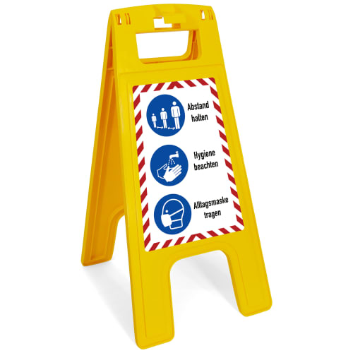 Gelber Warnaufsteller mit Beschriftung AHA-Regel Abstand halten, Hygiene beachten, Alltagsmaske tragen