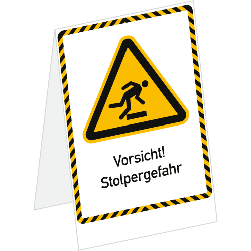 Aufsteller Facilis mit Warnhinweis Vorsicht Stolpergefahr und Piktogramm einer Person, die über ein Hindernis stolpert