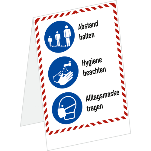 Aufsteller Facilis mit Beschriftung AHA-Regel, Piktogramm Abstand halten, Hygiene beachten, Alltagsmaske tragen