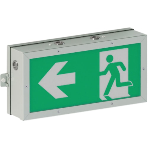 Rettungszeichenleuchte DUBLIN mit grünem Notausgangssymbol und Pfeil nach links, Wand- und Deckenaufbau, 7L-Schutzlicht