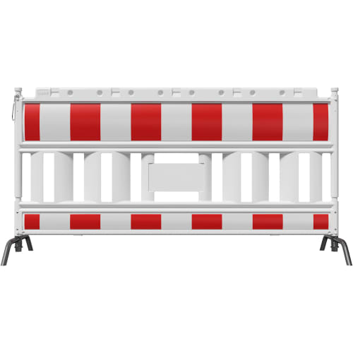 Schrankenzaun EURO 2 mit drehbaren Stahlfüßen und rot-weißen Warnstreifen, WACHTWERK X® Absperrgitter