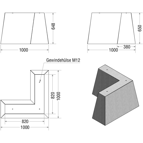 Technische Zeichnung und 3D-Ansicht einer Betonschutzwand Trapezeckstein in schwarz/gelb mit Maßen und Gewindehülse M12
