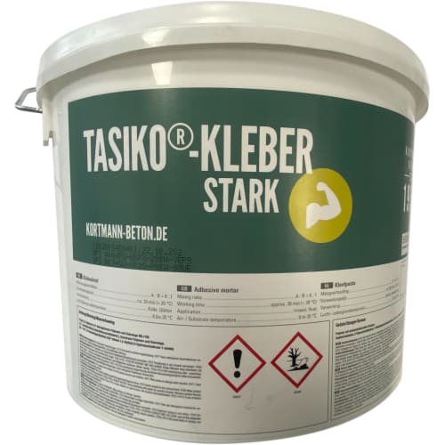 Eimer mit Tasiko Kleber Stark für Betonteile, Klebemörtel mit Warnhinweisen
