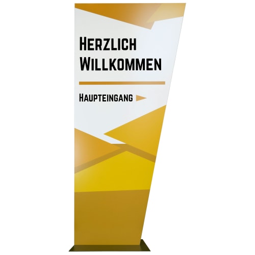 Madrid Außenaufsteller Modell Segel mit Aufschrift Herzlich Willkommen Haupteingang