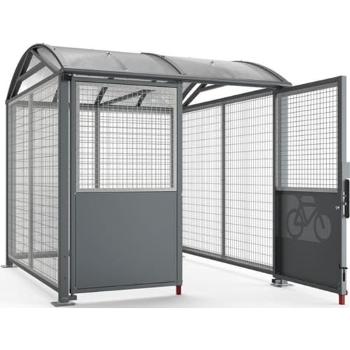 Abschließbare Überdachung Grundmodell aus Metall mit Gitterwänden und transparentem gewölbtem Dach, geöffnete Tür mit Fahrrad-Symbol