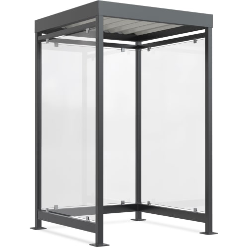 Moderne Überdachung Modell Köln K1 a/a mit schwarzem Metallrahmen und transparenten Seitenwänden