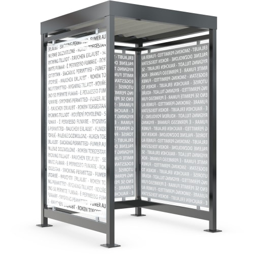 Überdachung Modell Köln K1 a/a Smoking Edition mit Metallrahmen und transparenten Seitenwänden mit mehrsprachigem Smoking Permitted Schriftzug