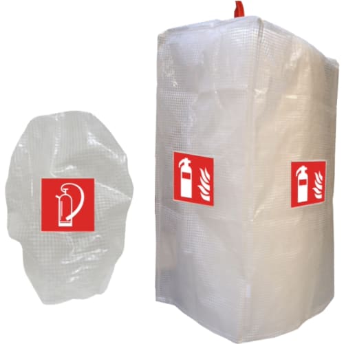 Schutzhaube für Feuerlöscher aus Gitternetzfolie mit rotem Feuerlöscher-Symbol